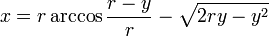 x=r \arccos \frac {r-y}{r} - \sqrt{2<p>ry-y^2}