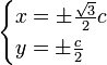 \begin{cases}x=\pm\frac{\sqrt{3}}{2}c\\ y=\pm\frac{c}{2}\end{cases}