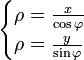 \begin{cases}\rho=\frac{x}{\cos{\varphi}} \\ \rho=\frac{y}{\sin{\varphi}}\end{cases}