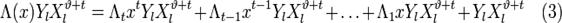 \Lambda (x) Y_l X_{l}^{\vartheta+t} = \Lambda_t x^t Y_l X_{l}^{\vartheta+t} + \Lambda_{t-1} x^{t-1} Y_l X_{l}^{\vartheta+t} + \dots + \Lambda_1 x Y_l X_{l}^{\vartheta+t} + Y_l X_{l}^{\vartheta+t} \quad (3)